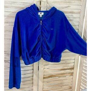 Juicy Couture Velour Hoodie Womens size XL Cropped Ruched Zip Up Cozy Vibrant
